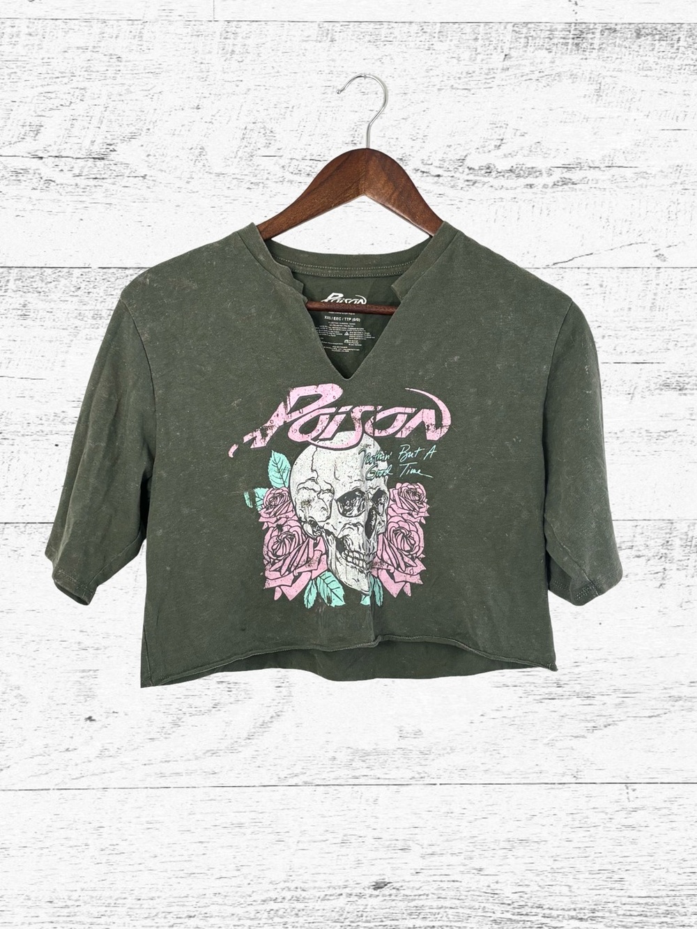 Poison Skull & Rose Graphic Cropped Tee - Olive Green